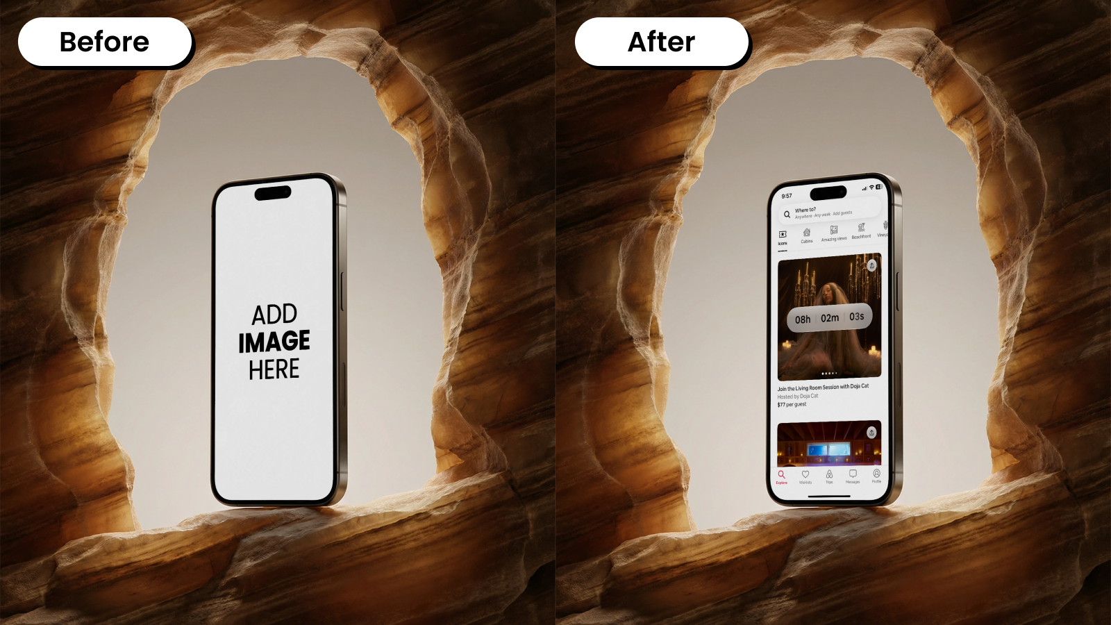 Before and after mockup of a phone placed inside a rock cave opening